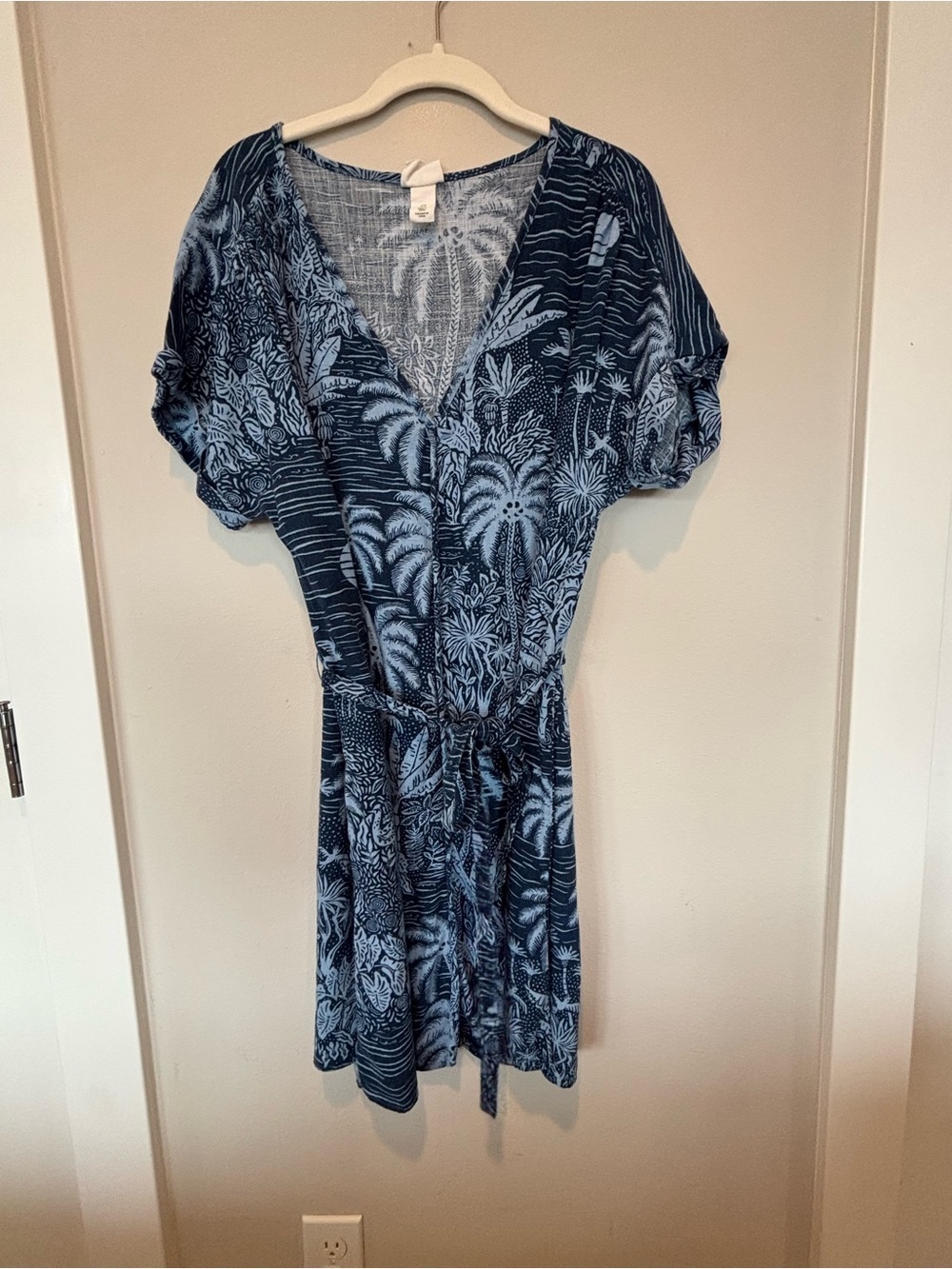 H&M Blue Tropical Linen V-Neck Tie-Waist Mini Dress